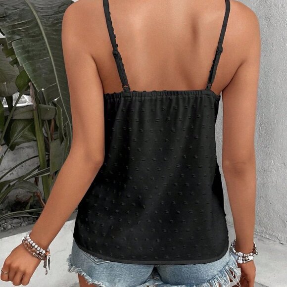 Black Boho Womens Swiss Dot Contrast Lace Cami Top - Picture 2 of 5